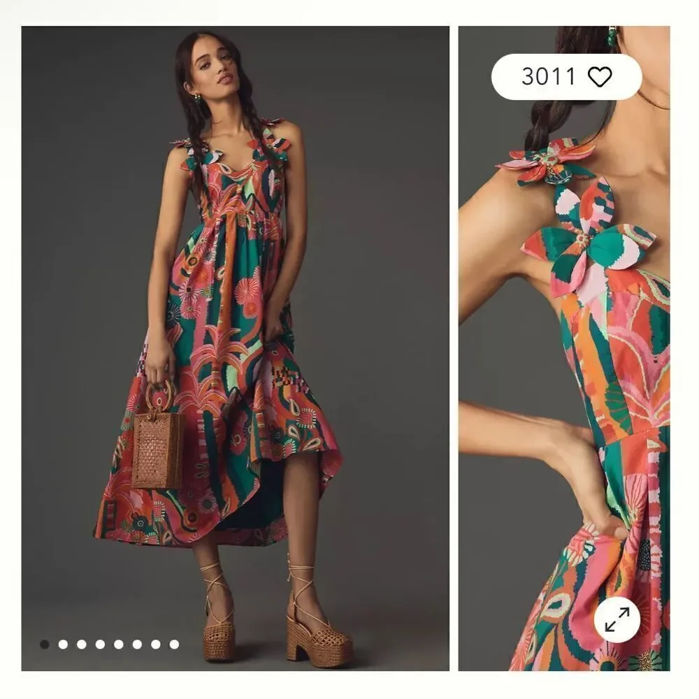 NEW Farm Rio x Anthropologie Pleated Palm Cutout Midi Dress Medium - Picture 5 of 8